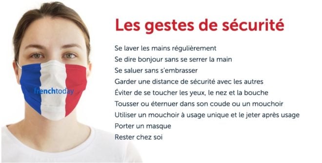 woman wearing french flag mask + safety virus gestures in French